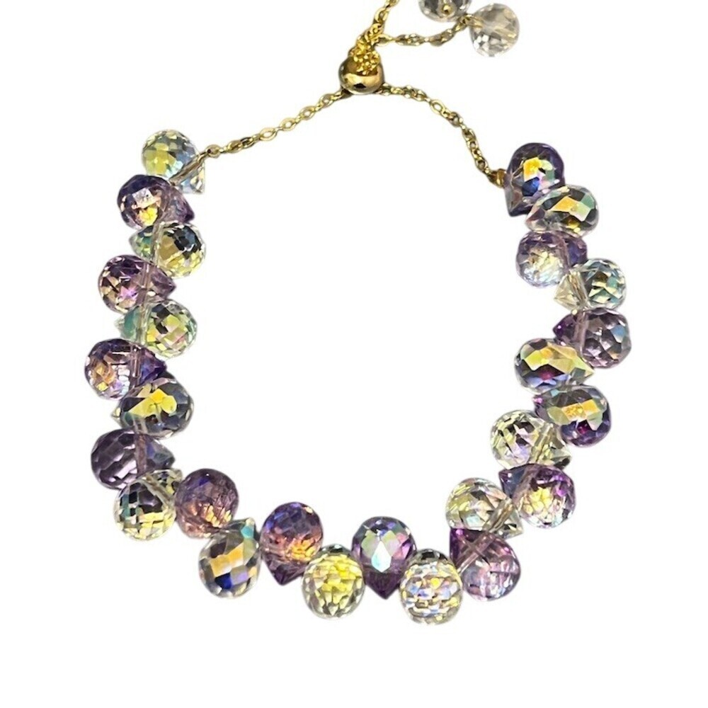 Adjustable Slider Glass Bracelet Purple Faceted Crystal Teardrop Gift Evening - Picture 2 of 4